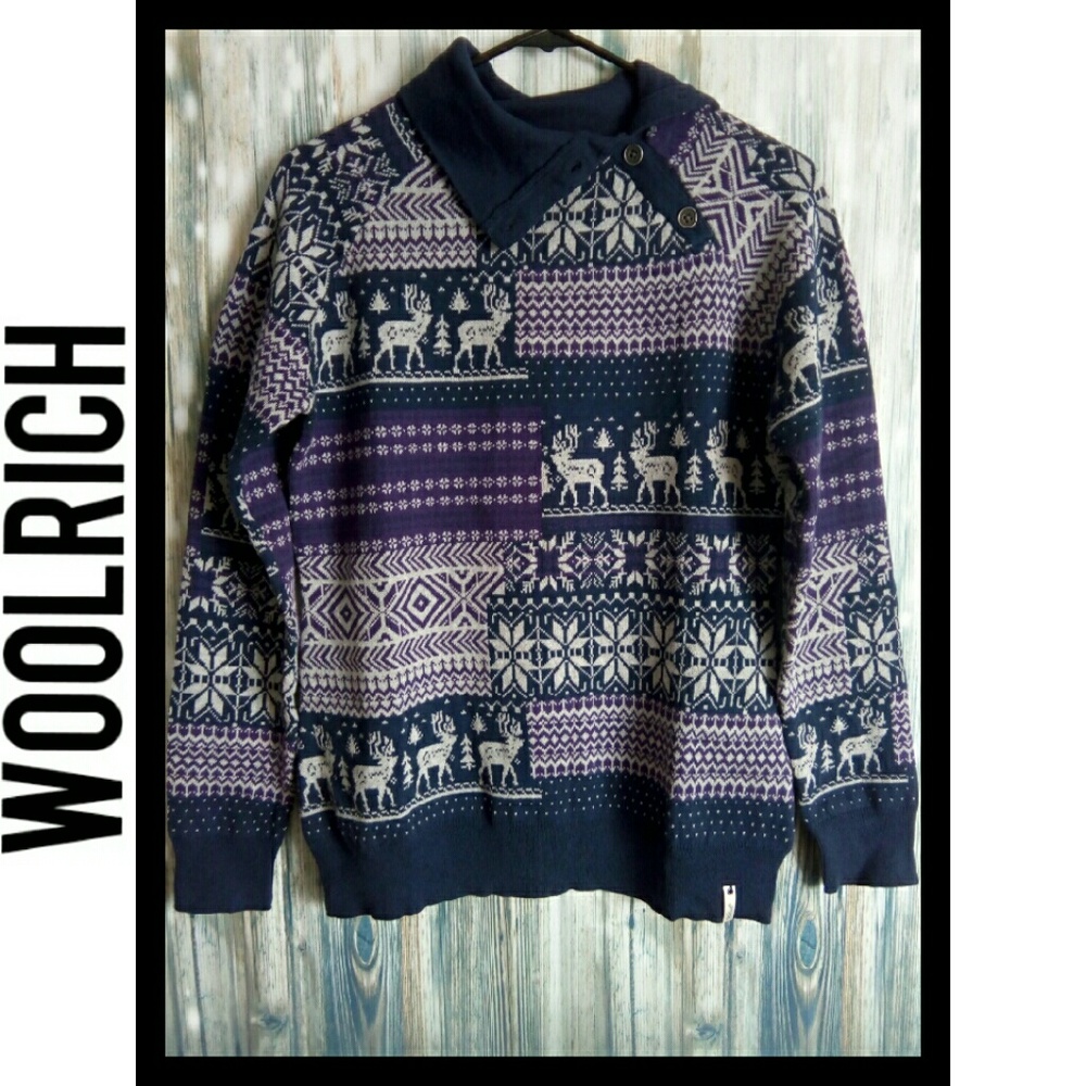 Woolrich double knit jacquard snowflake and reindeer print winter sweate…